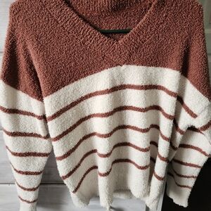 Cozy Rust and Cream Striped V-Neck Sweater